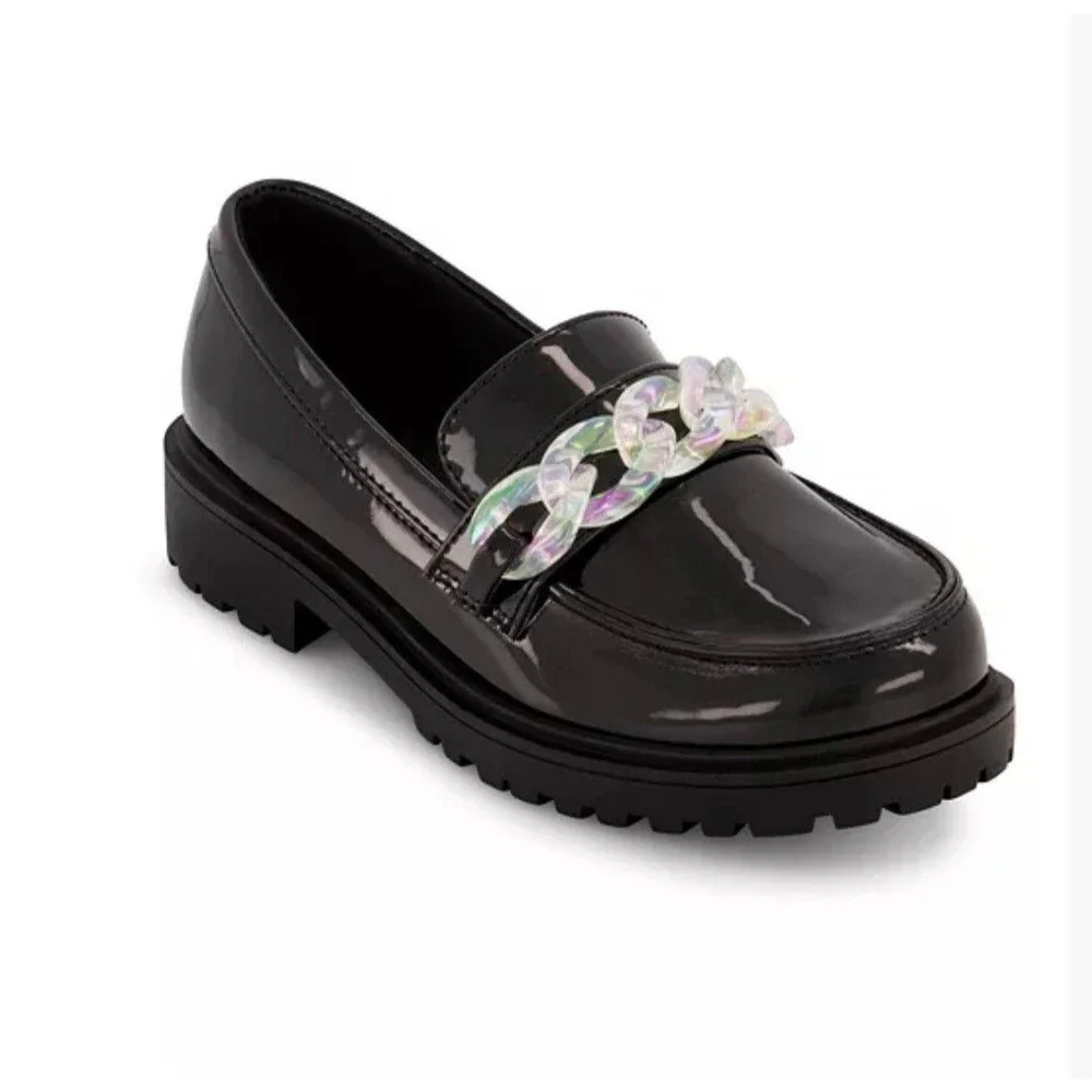 Marc Fisher Kids Bella Loafers in black patent w iridescent chain sz 13